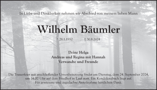Traueranzeige von Wilhelm Bäumler von Pegnitz-Zeitung