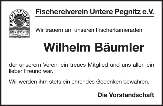 Traueranzeige von Wilhelm Bäumler von Pegnitz-Zeitung