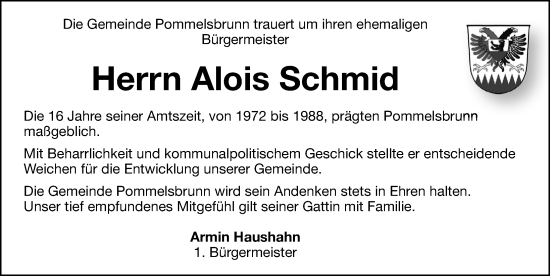 Traueranzeige von Alois Schmid von Hersbrucker Zeitung Lokal