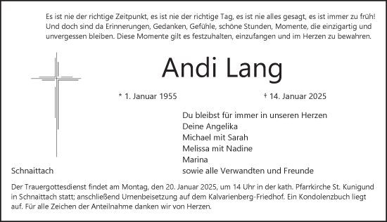 Traueranzeige von Andi Lang von Pegnitz-Zeitung