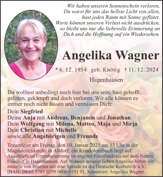 Traueranzeige von Angelika Wagner von Der Bote