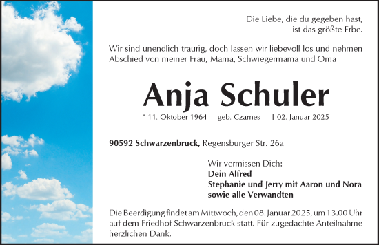 Traueranzeige von Anja Schuler von Der Bote