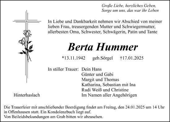 Traueranzeige von Berta Hummer von Hersbrucker Zeitung Lokal