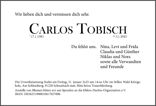 Traueranzeige von Carlos Tobisch von Hersbrucker Zeitung Lokal