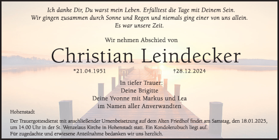 Traueranzeige von Christian Leindecker von Hersbrucker Zeitung Lokal