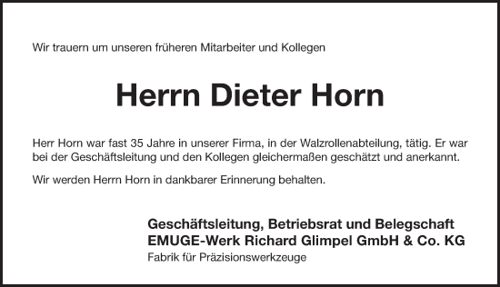 Traueranzeige von Dieter Horn von Pegnitz-Zeitung