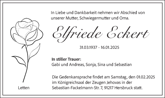 Traueranzeige von Elfriede Eckert von Pegnitz-Zeitung