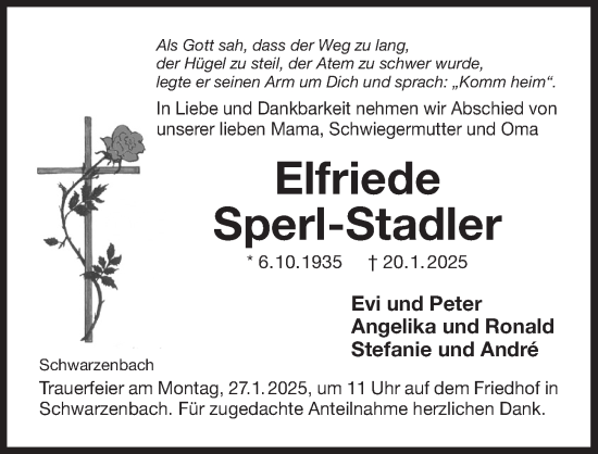 Traueranzeige von Elfriede Sperl-Stadler von Der Bote
