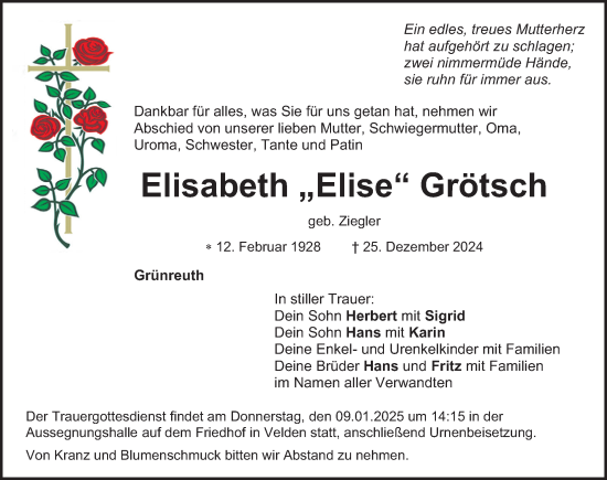 Traueranzeige von Elisabeth Grötsch von Hersbrucker Zeitung Lokal