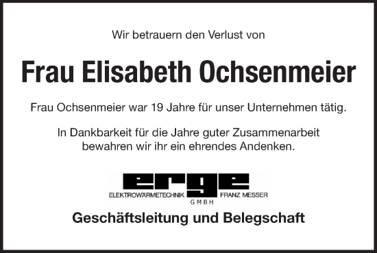 Traueranzeige von Elisabeth Ochsenmeier von Pegnitz-Zeitung