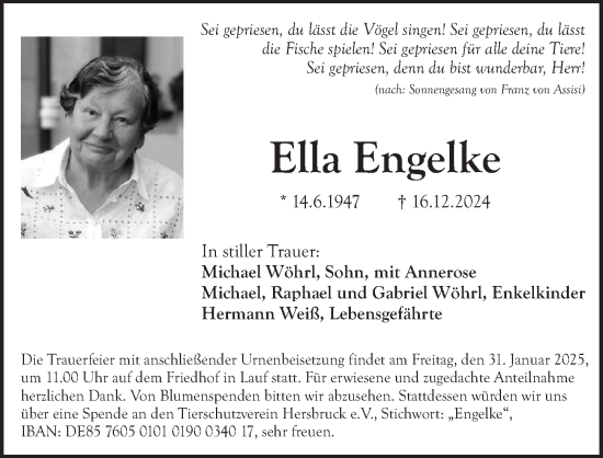Traueranzeige von Ella Engelke von Pegnitz-Zeitung