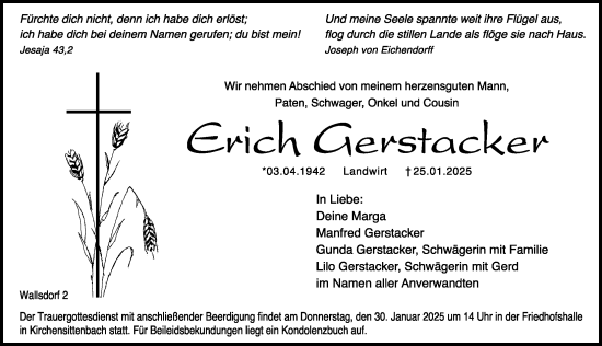 Traueranzeige von Erich Gerstacker von Hersbrucker Zeitung Lokal