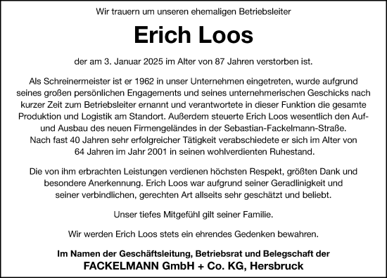 Traueranzeige von Erich Loos von Hersbrucker Zeitung Lokal