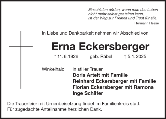 Traueranzeige von Erna Eckersberger von Der Bote