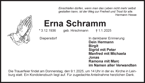Traueranzeige von Erna Schramm von Pegnitz-Zeitung