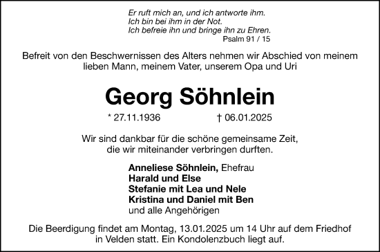 Traueranzeige von Georg Söhnlein von Hersbrucker Zeitung Lokal
