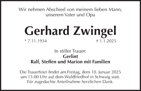 Traueranzeige von Gerhard Zwingel von Pegnitz-Zeitung