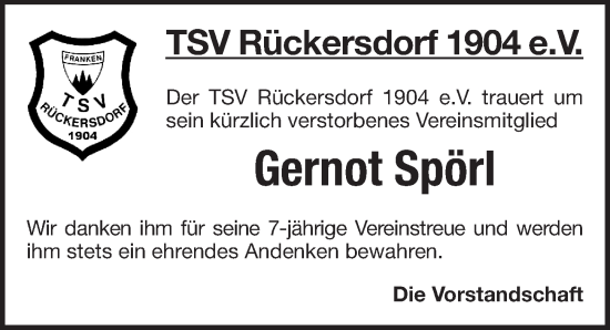 Traueranzeige von Gernot Spörl von Pegnitz-Zeitung
