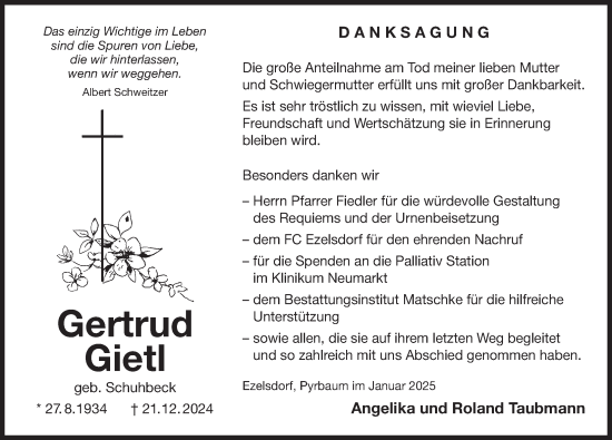 Traueranzeige von Gertrud Gietl von Der Bote