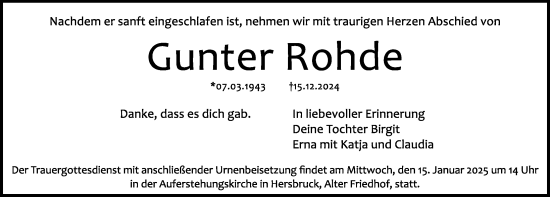 Traueranzeige von Gunter Rohde von Hersbrucker Zeitung Lokal