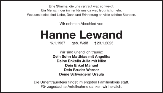 Traueranzeige von Hanne Lewand von Pegnitz-Zeitung
