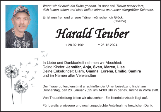Traueranzeige von Harald Teuber von Hersbrucker Zeitung Lokal