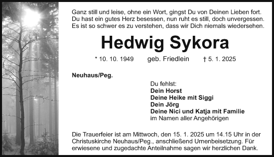 Traueranzeige von Hedwig Sykora von Hersbrucker Zeitung Lokal