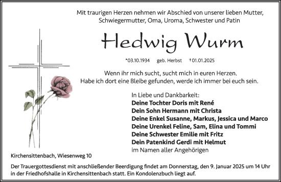 Traueranzeige von Hedwig Wurm von Hersbrucker Zeitung Lokal