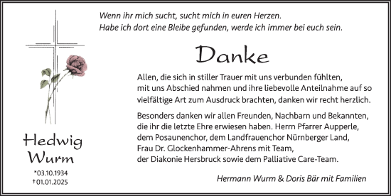 Traueranzeige von Hedwig Wurm von Hersbrucker Zeitung Lokal