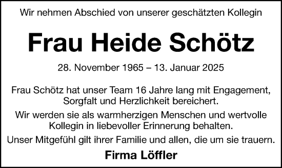 Traueranzeige von Heide Schötz von Hersbrucker Zeitung Lokal