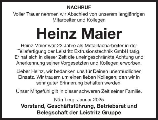 Traueranzeige von Heinz Maier von Der Bote