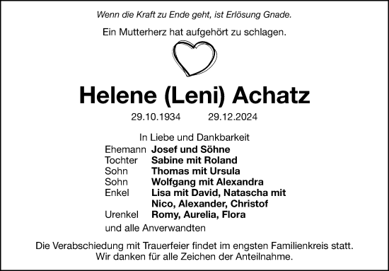 Traueranzeige von Helene Achatz von Hersbrucker Zeitung Lokal