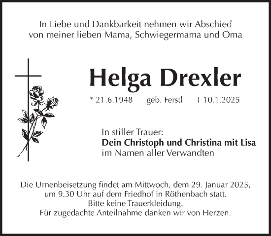 Traueranzeige von Helga Drexler von Pegnitz-Zeitung