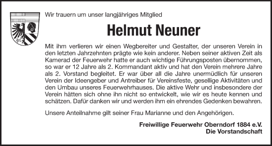 Traueranzeige von Helmut Neuner von Pegnitz-Zeitung