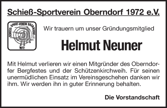 Traueranzeige von Helmut Neuner von Pegnitz-Zeitung