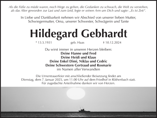 Traueranzeige von Hildegard Gebhardt von Pegnitz-Zeitung