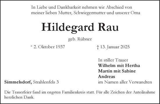Traueranzeige von Hildegard Rau von Pegnitz-Zeitung