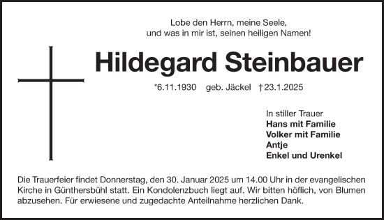 Traueranzeige von Hildegard Steinbauer von Pegnitz-Zeitung