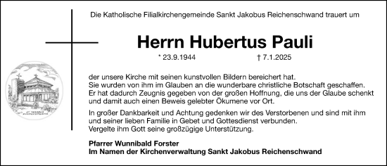 Traueranzeige von Hubertus Pauli von Hersbrucker Zeitung Lokal