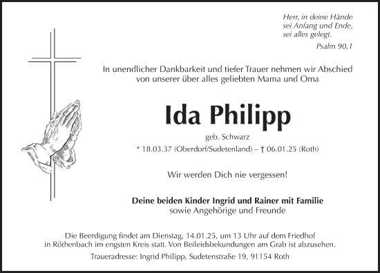 Traueranzeige von Ida Philipp von Pegnitz-Zeitung
