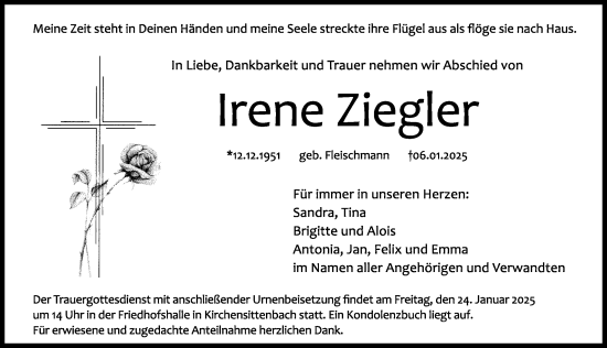 Traueranzeige von Irene Ziegler von Hersbrucker Zeitung Lokal