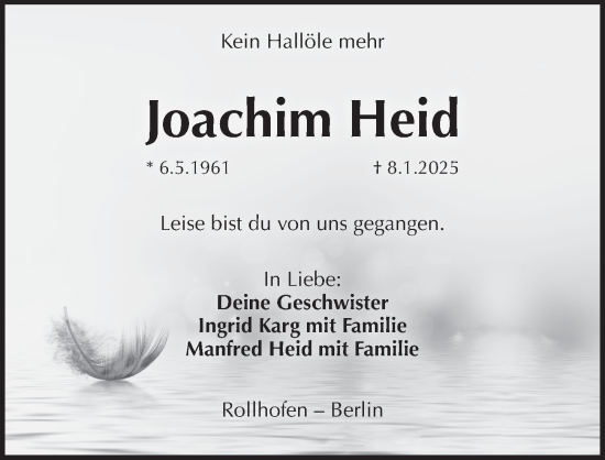 Traueranzeige von Joachim Heid von Pegnitz-Zeitung