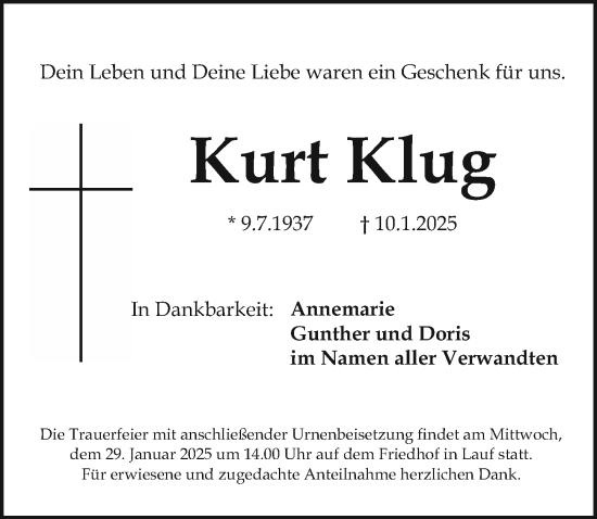 Traueranzeige von Kurt Klug von Pegnitz-Zeitung
