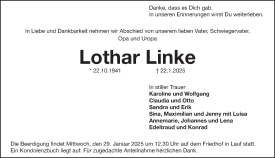 Traueranzeige von Lothar Linke von Pegnitz-Zeitung