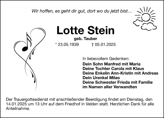 Traueranzeige von Lotte Stein von Hersbrucker Zeitung Lokal