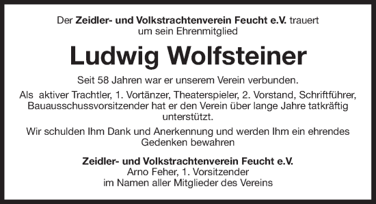 Traueranzeige von Ludwig Wolfsteiner von Der Bote