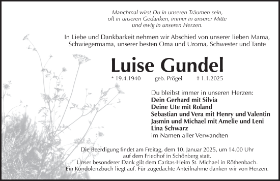Traueranzeige von Luise Gundel von Pegnitz-Zeitung