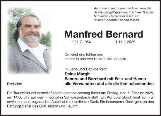 Traueranzeige von Manfred Bernard von Der Bote