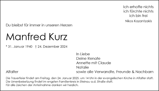 Traueranzeige von Manfred Kurz von Hersbrucker Zeitung Lokal