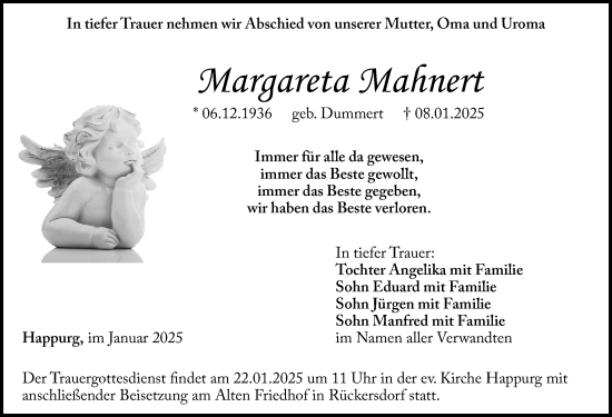 Traueranzeige von Margareta Mahnert von Hersbrucker Zeitung Lokal